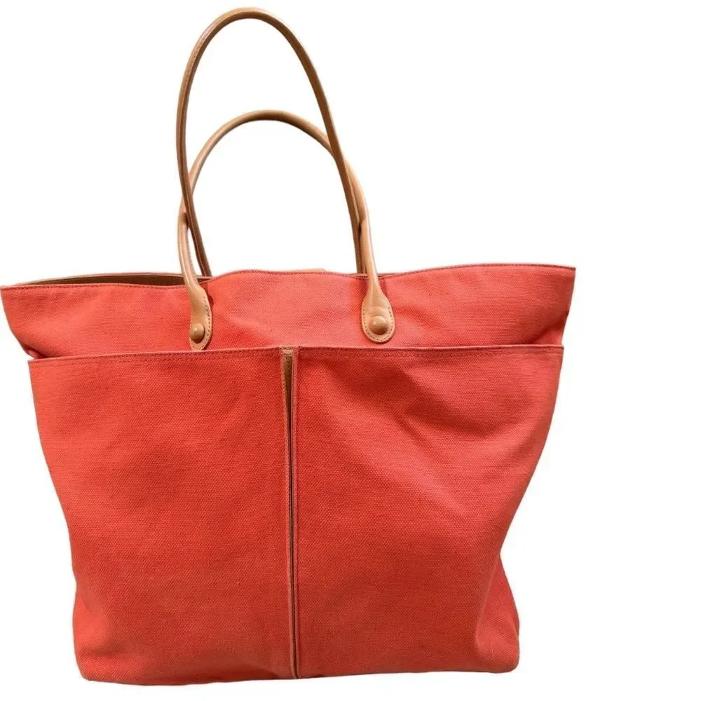 TUSK ITALIAN ORANGE BLUSH CANVAS TOTE HUGE W LARGE FRONT POCKETS, LEATHER STRAPS - Picture 8 of 11